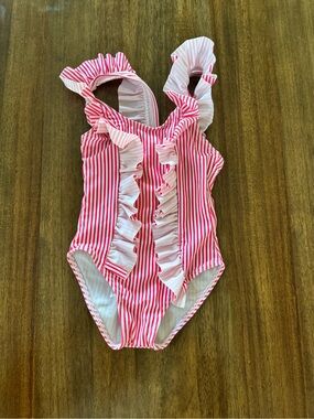 Source Unknown Pink and White Striped Ruffle Kids One-Piece Swimsuit